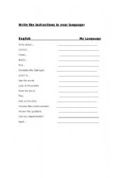 English Worksheet: classroom language
