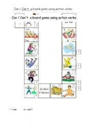 English Worksheet: Boardgame to practice personal pronouns + can/cant and an action verb