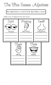 English Worksheet: The five senses: Adjectives