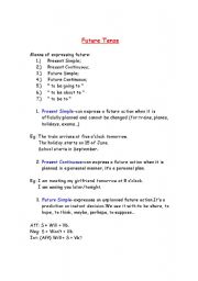 English Worksheet: future tense:will, going, to present simple, present continuous, be about to, be to