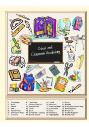 English Worksheet: School & Classroom Vocabulary - Picture Dictionary