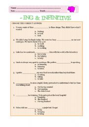 English Worksheet: - ing & infinitive 