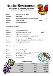 English Worksheet: At the Restaurant - Dialogue