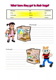 English Worksheet: What have they got in their bags? FOOD