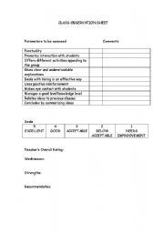 English Worksheet: Class Observation Sheet