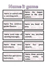 English Worksheet: name it game cards - very interesting + get students thinking :) 1st part