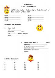 English Worksheet: greeting -numbers1-20 - prounouns ( Revision ) / 02/08/2008