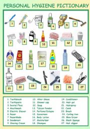 English Worksheet: personal higyene pictionary