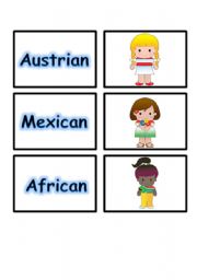 English Worksheet:  MATCHING GAME FLASHCARDS SET 2- NATIONALITY PART 5 OF 5  (02.08.08)