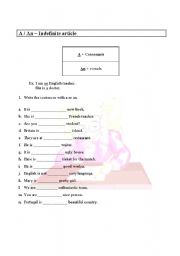 English worksheet: articles a or an
