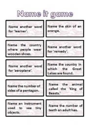 English Worksheet:  name it game cards - very interesting + get students thinking :) 5th part