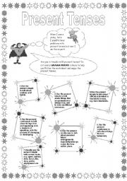 English Worksheet: GRAMMARMAN explains present tenses(simple and cont.) B&W