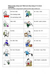 English Worksheet: What are they doing now and what were they doing yesterday?
