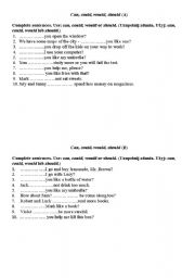 English Worksheet: Can, could, should and would-short test