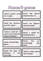 English Worksheet:  name it game cards - very interesting + get students thinking :) 8th part