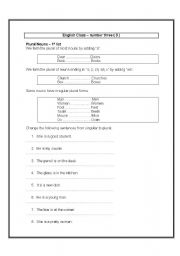 English worksheet: plural of nouns and cardinal numbers practice excercises