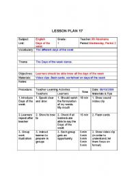 English Worksheet: Days of the week lesson plan