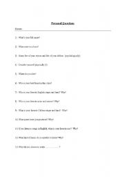 English worksheet: Personal Questions