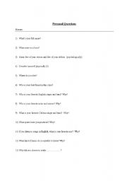 English Worksheet: Personal Questions