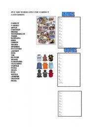 English worksheet: revision - CLOTHES, FOOD, ANIMALS