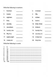 English Worksheet: number words to numbers