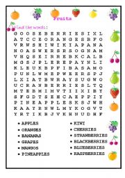 English Worksheet: fruit word search