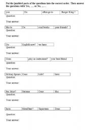 English Worksheet: jumbled questions and short answers