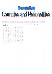 English worksheet: Memory Game of Countries and Nationalities