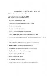 English worksheet: EXPRESSION WITH OR WITHOUT ARTICLE