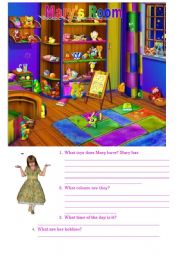 English Worksheet: Marys Room (toys, colours, hobbies)