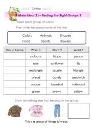 English Worksheet: Main Idea - Finding the Right Group