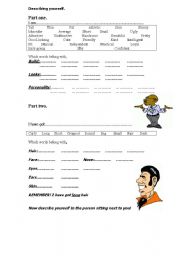 English Worksheet: Describing yourself.