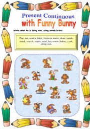 English Worksheet: Present Continuous with Funny Bunny + 2 exercises (2 pages)