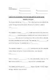 English Worksheet: Butterfly Life Cycle Text