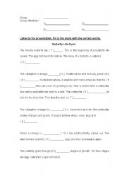 English Worksheet: Butterfly Life Cycle Text