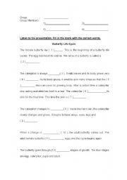 English worksheet: Butterfly Life Cycle Text