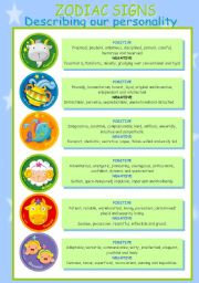 English Worksheet: Zodiac Signs (Personality Positive and Negative aspects)