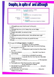 English Worksheet: despite, in spite of, although. GRAMMAR WORKSHEET 14