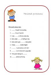 English Worksheet: Personal pronouns  - she or her. 