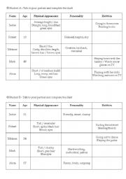 English Worksheet: Fill in chart - Describing People (Age, Physical Appearance, Personality, Hobbies)