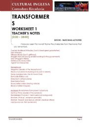 English Worksheet: Transformers 1 Teachers notes