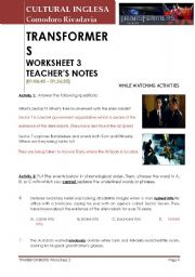 English Worksheet: Transformers 3 Teachers notes