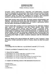 English Worksheet: Leonardo DaVinci Comprehension worksheet