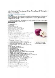 English Worksheet: 45 Common Foods and the Number of Calories They Contain