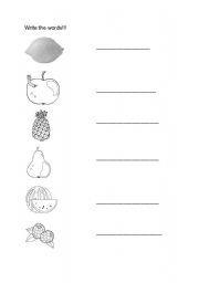 English worksheet: Write the words of fruit