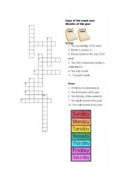 English Worksheet: Days of the week and Months of the year Crossword