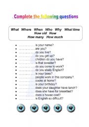 English Worksheet: Question Words