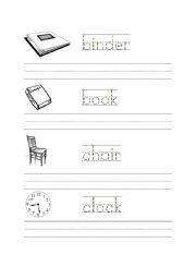 English worksheet: Classroom vocabulary: binder, book, chair, clock