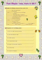 English Worksheet: Past Simple - was, were or did