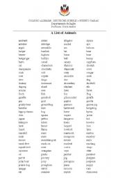 English worksheet: List of Animals